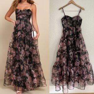NWOT Exclusive Glamour Black Floral Organza Tiered Maxi Dress